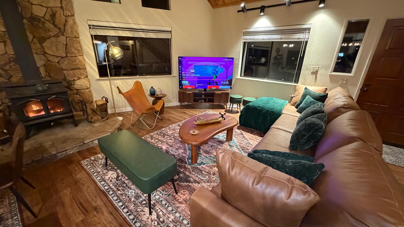 Living Room with Fireplace and Leather Sofa
